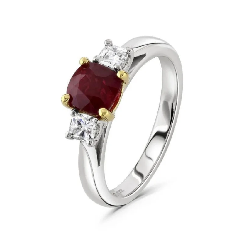 Sleek modern engagement rings-Platinum & 18ct Yellow Gold Cushion Cut Ruby & Round Brilliant Cut Diamond Trilogy Ring