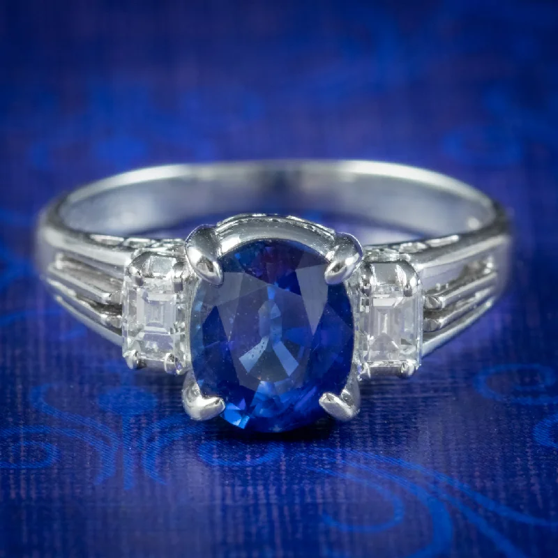 Clear quartz rings-Edwardian Style Sapphire Diamond Trilogy Ring 1.65ct Sapphire