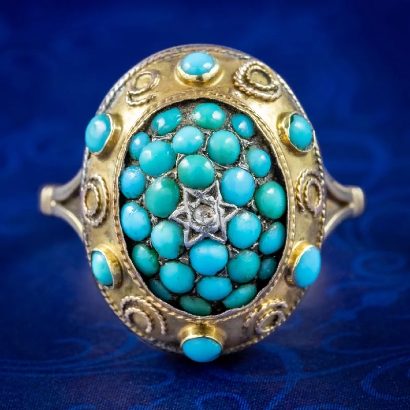 Heavy stone rings-Antique Victorian Turquoise Diamond Etruscan Ring