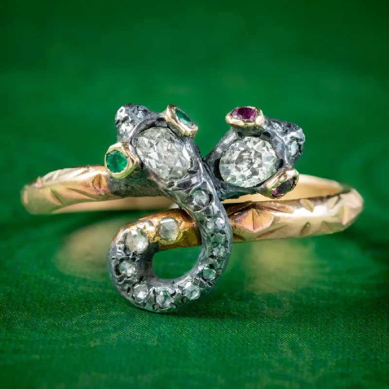 Sleek modern rings-Victorian Style Toi Et Moi Diamond Snake Twist Ring Ruby Emerald Eyes