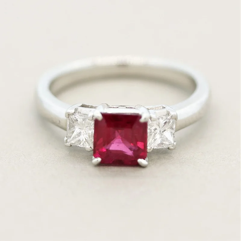 Thin frame rings-Ruby Diamond 3-Stone Platinum Ring