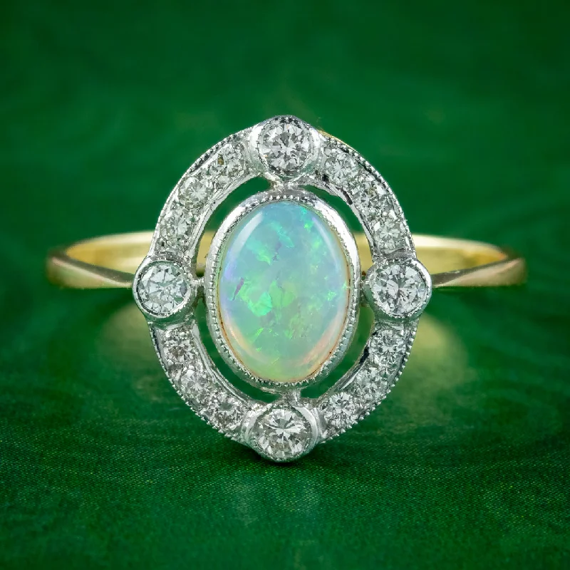 Fine pearl rings-Art Deco Style Opal Diamond Cluster Ring 0.70ct Opal