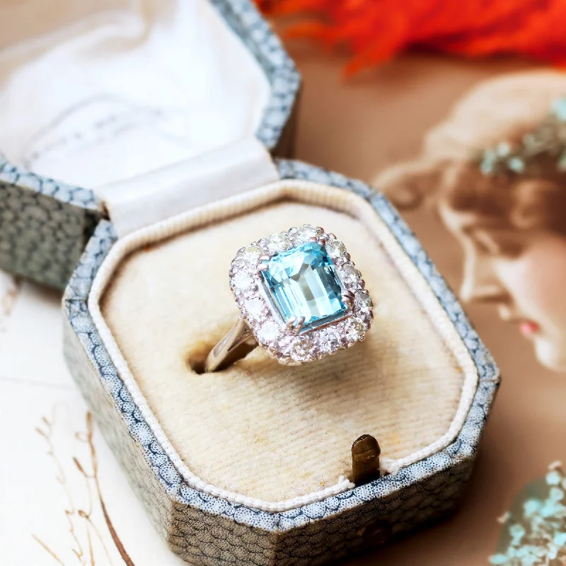 Polished bead rings-Totally Glamorous Vintage Aquamarine & Diamond Ring