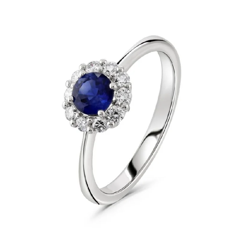 Matte finish engagement rings-18ct White Gold Round Cut Sapphire & Diamond Halo Cluster Ring