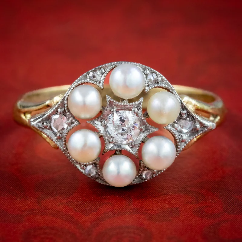 Dove feather rings-Vintage Pearl Diamond Cluster Ring