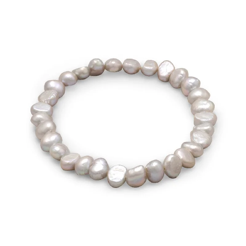 Matte cuff bangles-Silver Cultured Freshwater Pearl Stretch Bracelet