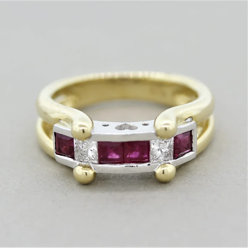 Sapphire inlay rings-Ruby Diamond Gold & Platinum “Love” Ring