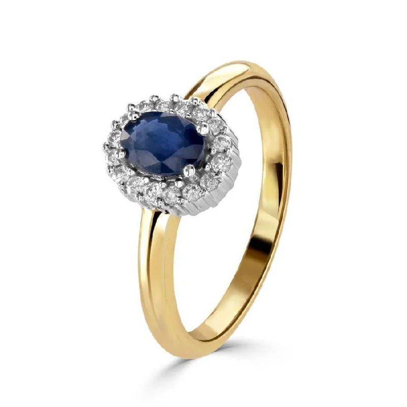 Multi-gem engagement rings-9ct Yellow Gold Oval Cut Sapphire & Round Brilliant Cut Diamond Halo Cluster Ring