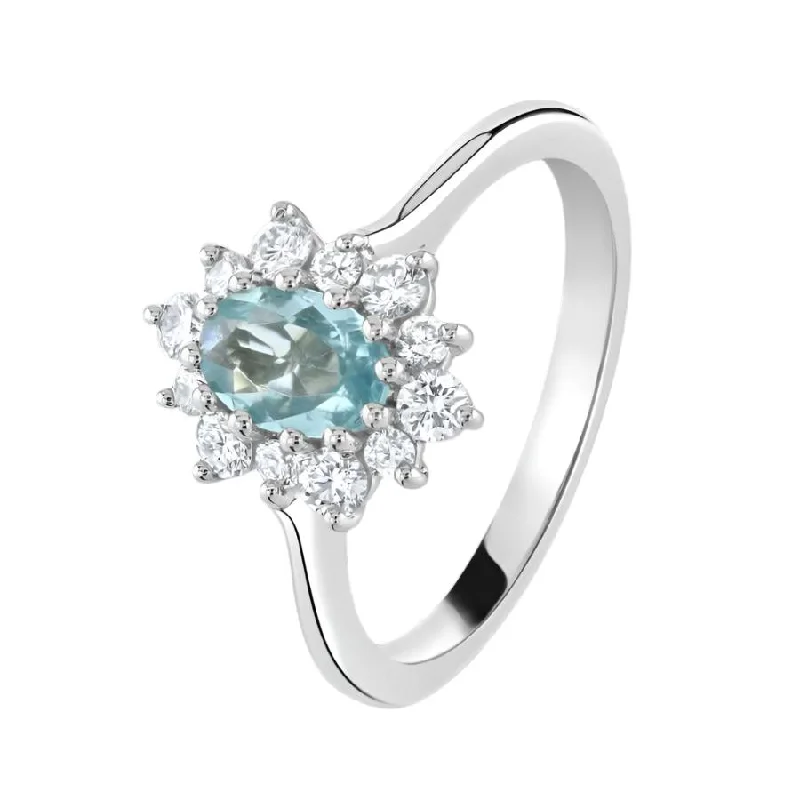 Surf theme engagement rings-Platinum Oval Cut Paraiba Tourmaline & Round Brilliant Cut Diamond Cluster Ring