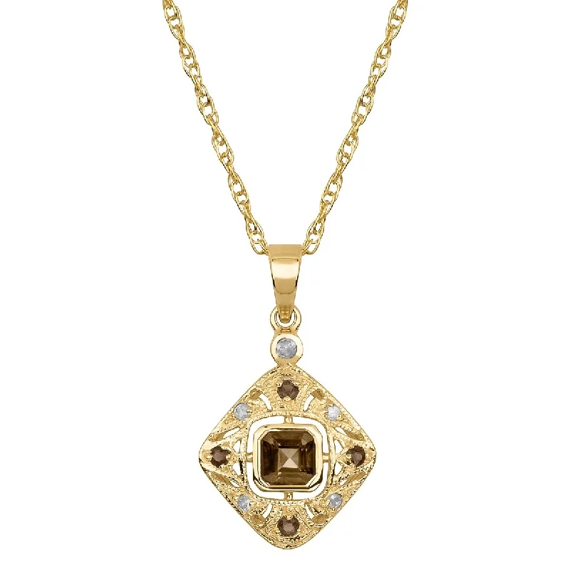 Polished gold necklaces-Viducci 10k Yellow Gold Vintage Style Genuine Smoky Quartz and Diamond Necklace