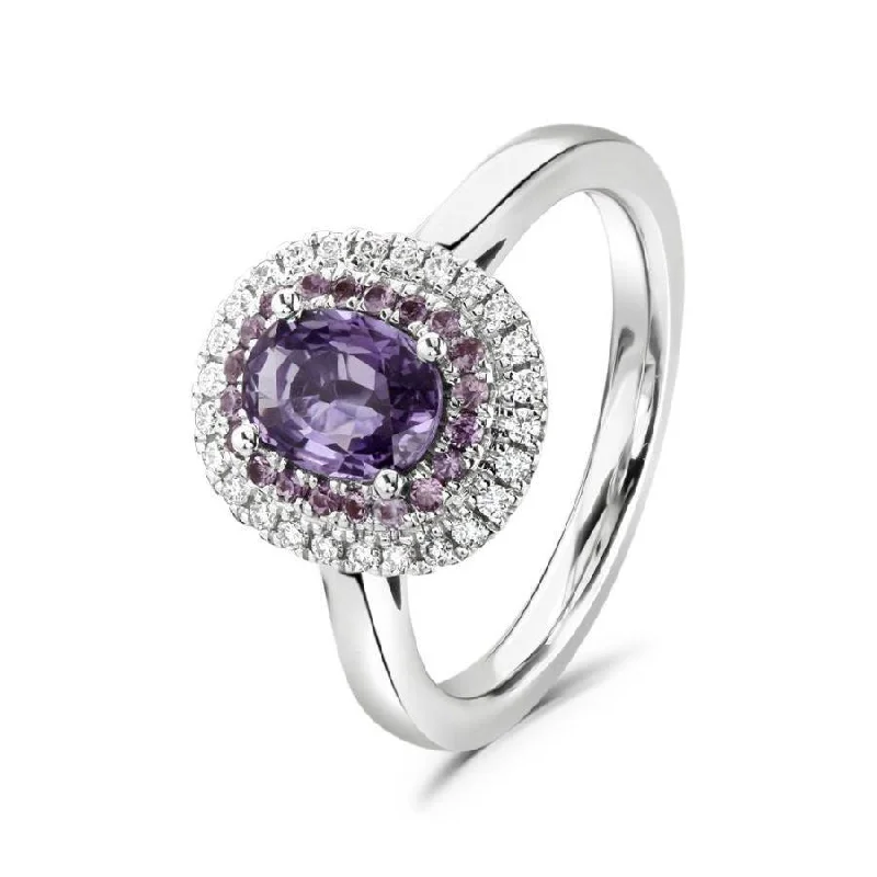 Round halo engagement rings-18ct White Gold Oval Cut Purple Sapphire & Diamond Double Halo Cluster Ring