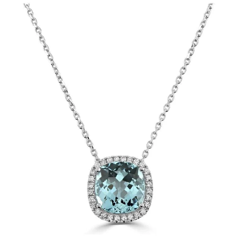 Worn gold engagement rings-18ct White Gold Cushion Cut Aquamarine & Diamond Halo Cluster Pendant