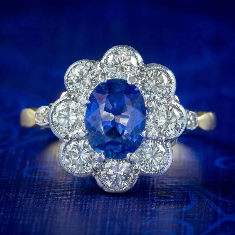 Topaz inlay rings-Edwardian Style Sapphire Diamond Daisy Cluster Ring 1.2ct Sapphire