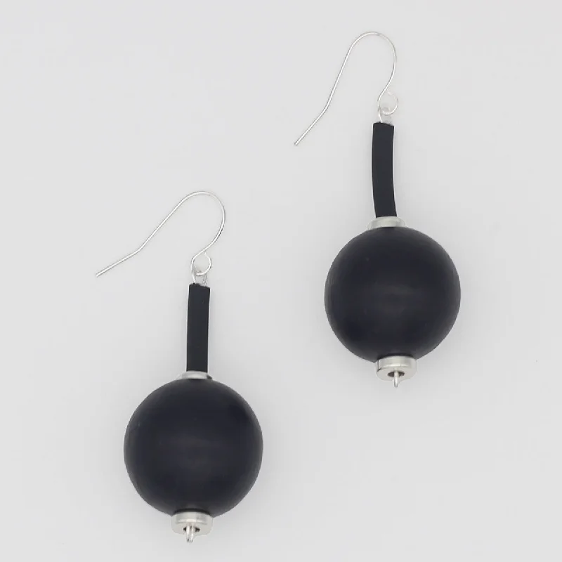 Linen thread earrings-Black Ball Drop Earring