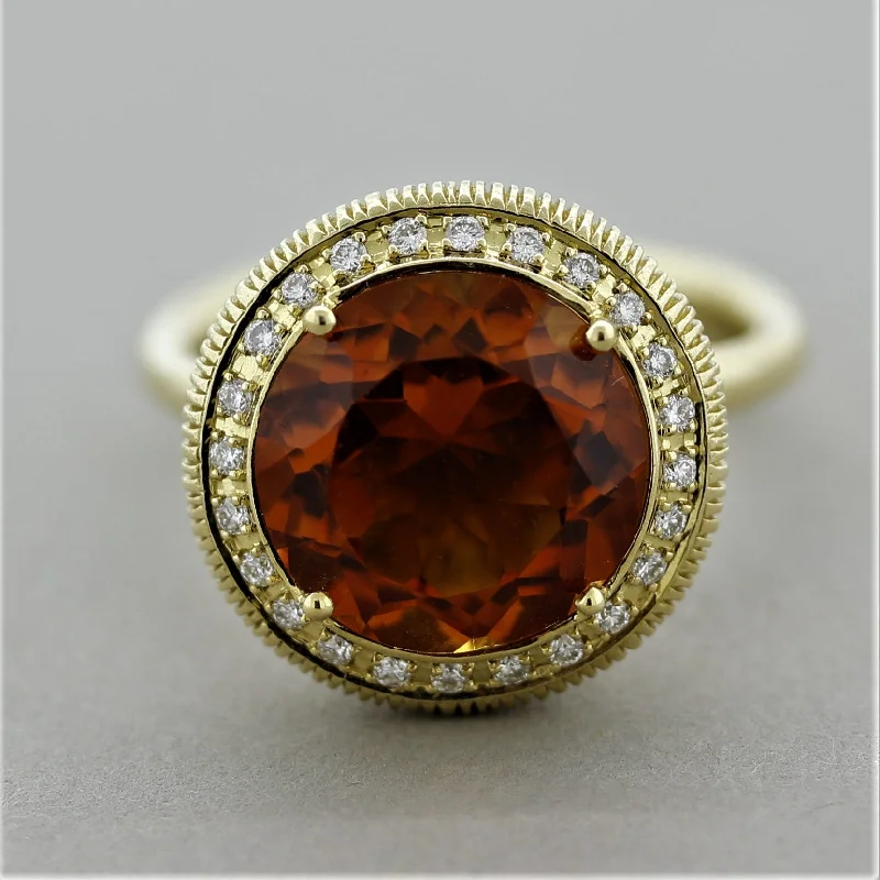 Sapphire gem rings-Citrine Diamond Halo Gold Textured Ring