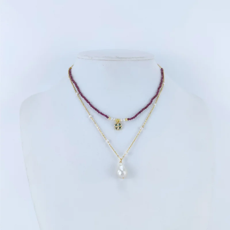 Mixed metal necklaces-18K Gold over Sterling Silver Garnet and Freshwater Pearl Clover Necklace