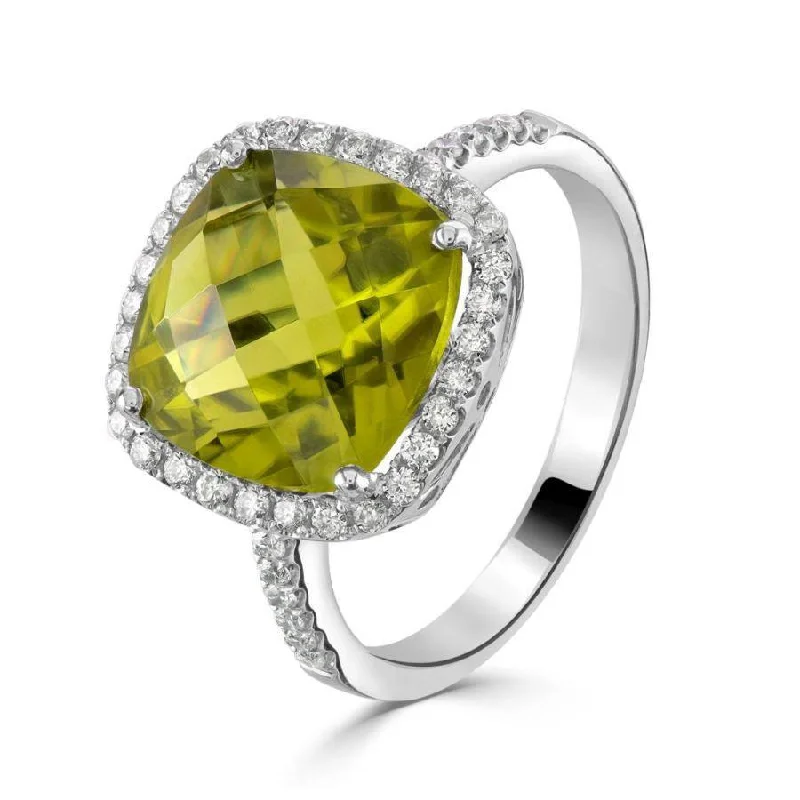 Woven thread engagement rings-18ct White Gold Cushion Cut Peridot & Diamond Halo Cluster Ring with Diamond Shoulders