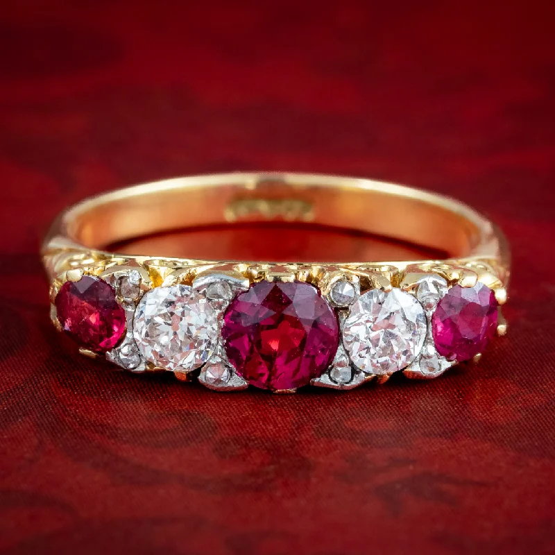 Gothic charm rings-Antique Victorian Ruby Diamond Five Stone Ring 0.90ct Ruby