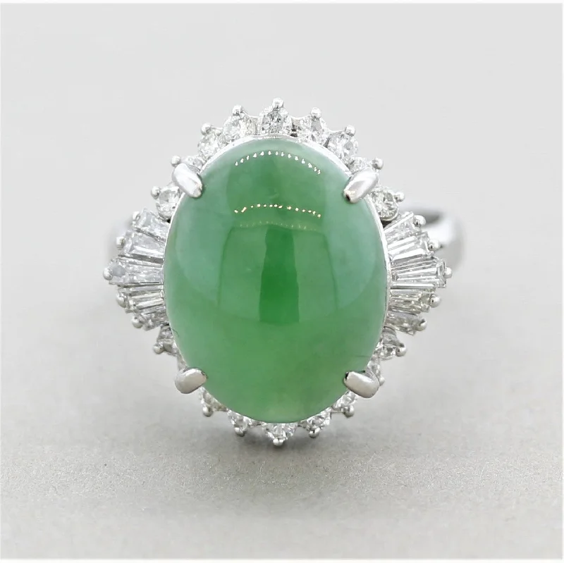 Antique vow rings-Jadeite Jade Diamond Platinum Ring