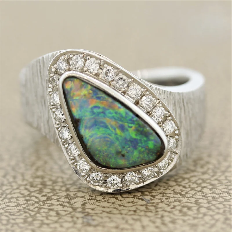 Pure charm rings-Australian Boulder Opal Diamond Platinum Ring