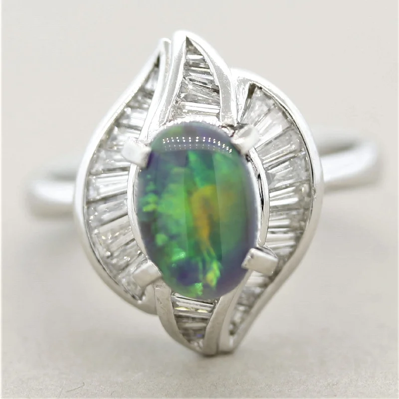 Gem stack rings-Modern Australian Opal Diamond Platinum Ring