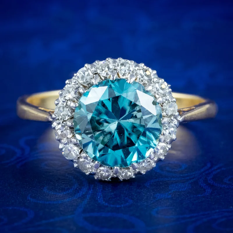 Tide design rings-Antique Edwardian Blue Zircon Diamond Cluster Ring 3.2ct Zircon