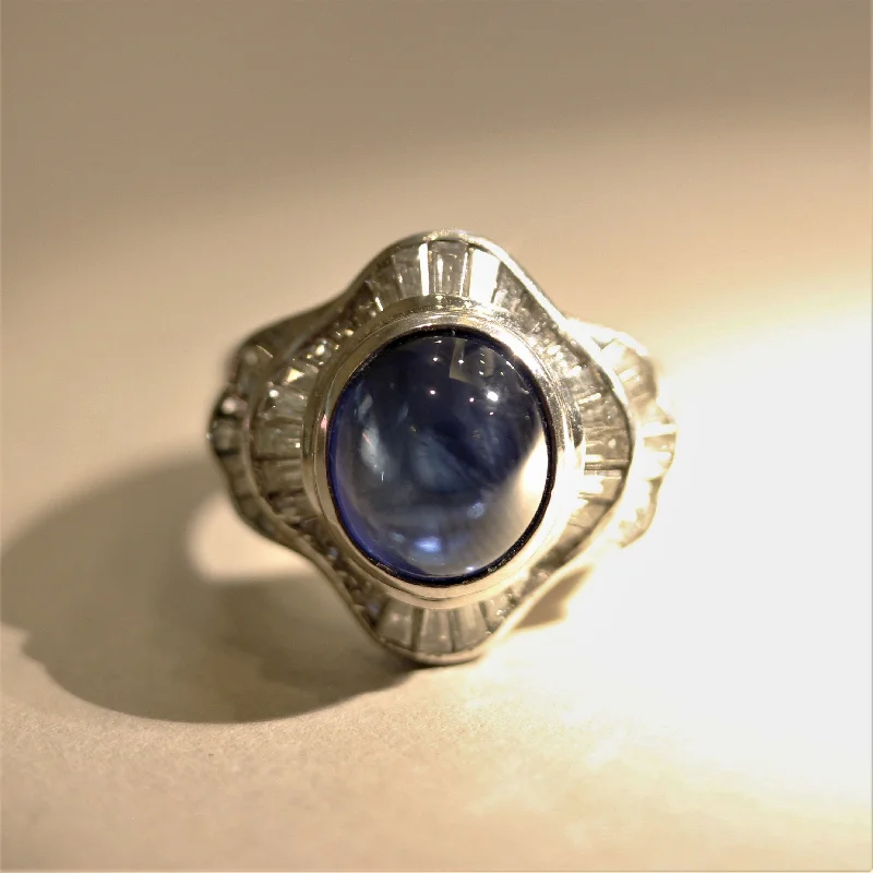 Spring band rings-Cabochon Sapphire Diamond Platinum Ring