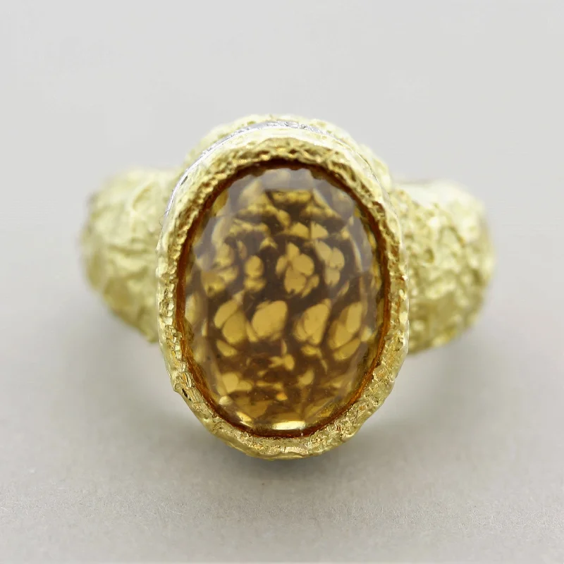 Rough texture rings-Citrine Diamond Gold Dome Cocktail Ring