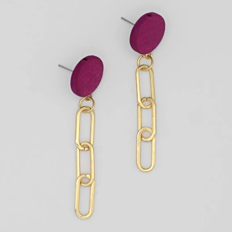 Aged charm earrings-Fuchsia Gold Link Dangle Earring