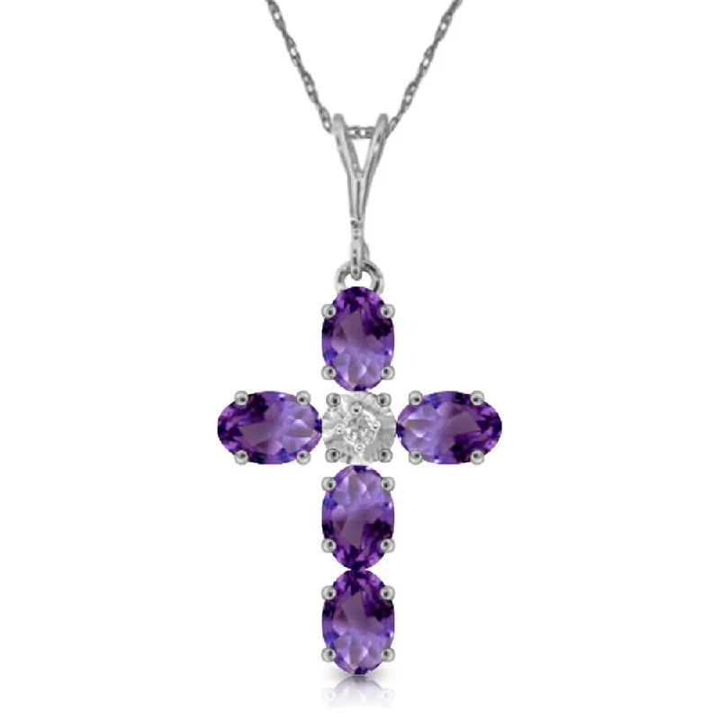 Glittering crystal necklaces-1.75 Carat 14K White Gold Cross Necklace Natural Diamond Purple Amethyst