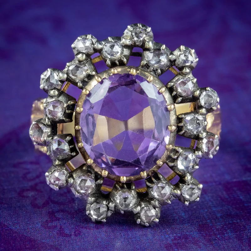 Dusk gothic rings-Antique Georgian Amethyst Diamond Cluster Ring 4.5ct Amethyst