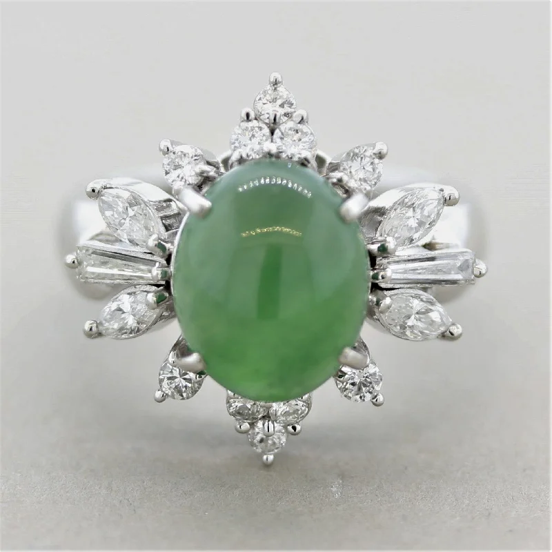 Smooth form rings-Natural Jadeite Jade Diamond Platinum Floral Ring, GIA Certified