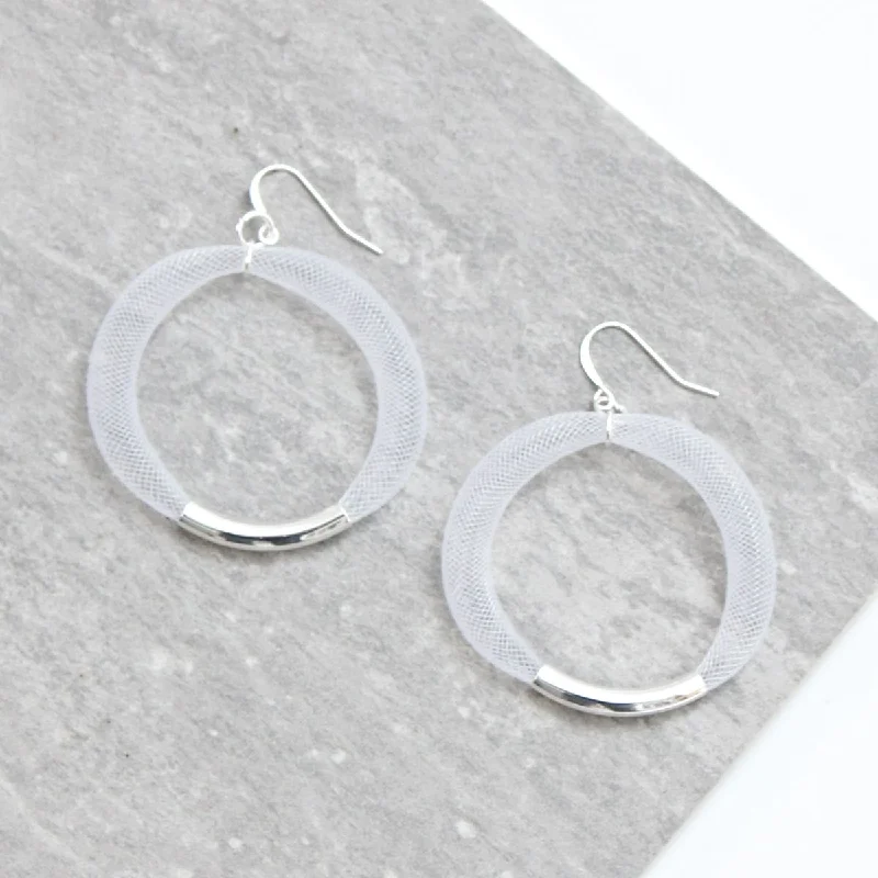 Silk thread earrings-White Mesh Hoop Earring Silver