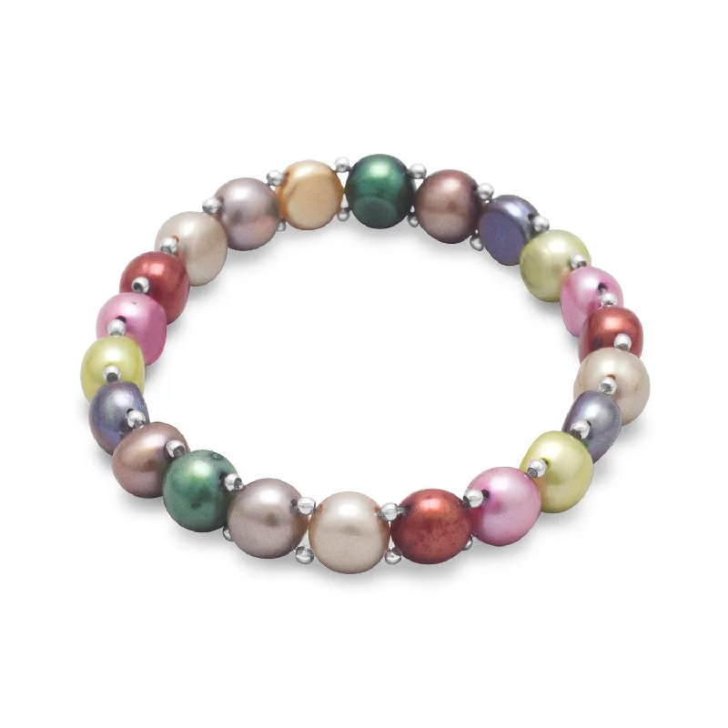 Shiny modern bangles-Multi-Color Cultured Freshwater Pearl and Sterling Silver Bead Stretch Bracelet