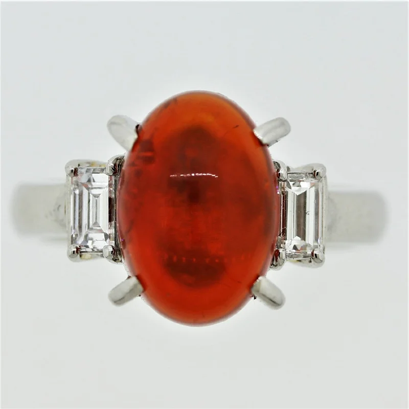 Light clay rings-Mexican Fire Opal Diamond Platinum 3-Stone Ring