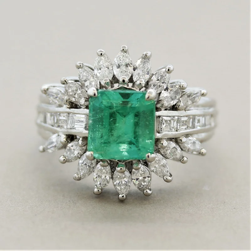 Wide band rings-Emerald Diamond Platinum “Sunburst” Ring