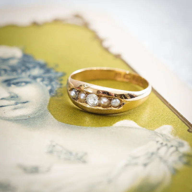 Cultured pearl rings-Victorian Date 1888 Pearl and Diamond Band Ring