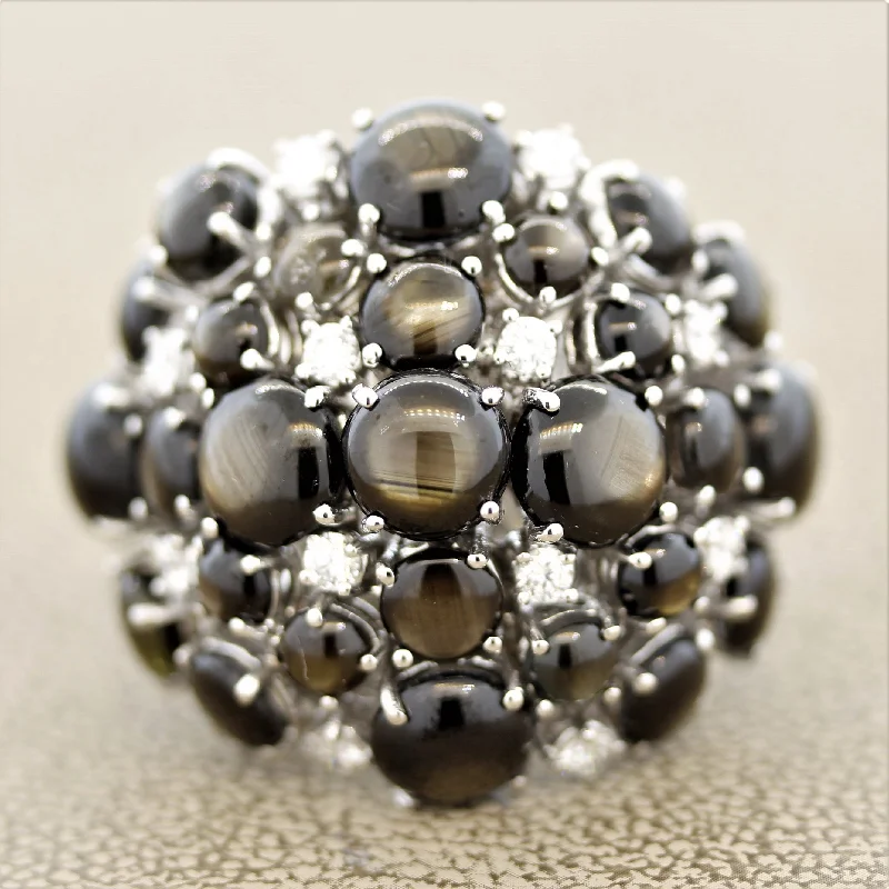 Woven cord rings-Black Star Sapphire Diamond Gold Cluster Cocktail Ring