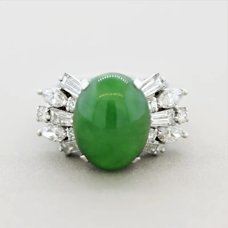 Heavy stone rings-Jadeite Jade Diamond Spray Platinum Cocktail Ring, GIA Certified