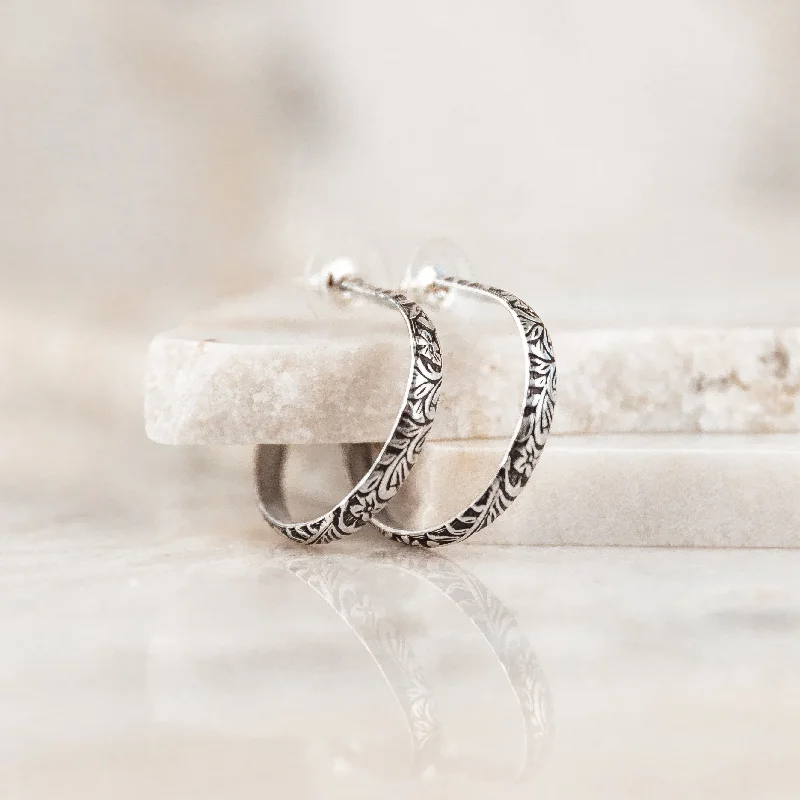 Glossy silver earrings-Carly Embossed Silver Hoop Earrings