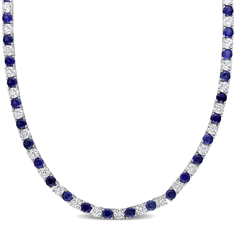 Curved pendant necklaces-Miadora Created Blue and White Sapphire Tennis Necklace in Sterling Silver