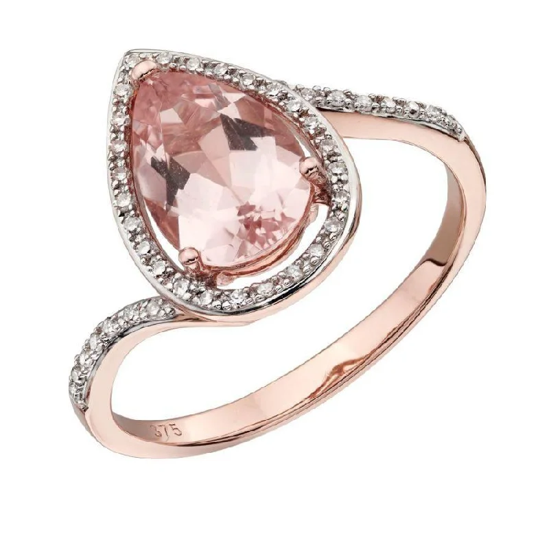 Sleek gold engagement rings-9ct Rose Gold Pear Cut Morganite & Diamond Halo Cluster Ring with Diamond Shoulders