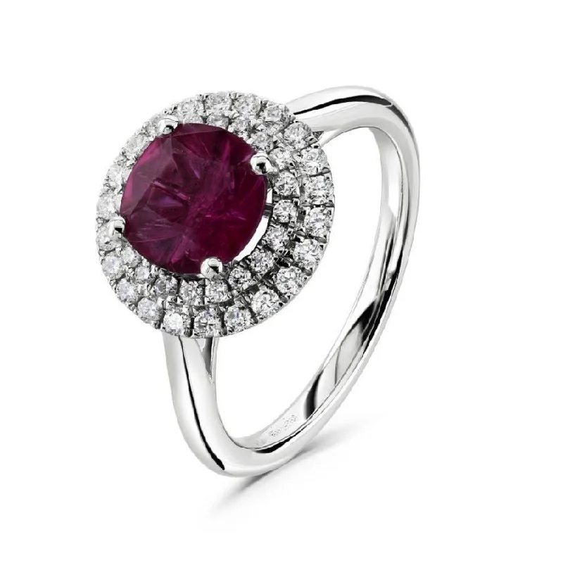 Fox motif engagement rings-18ct White Gold Round Cut Rubellite & 2-Row Diamond Halo Cluster Ring