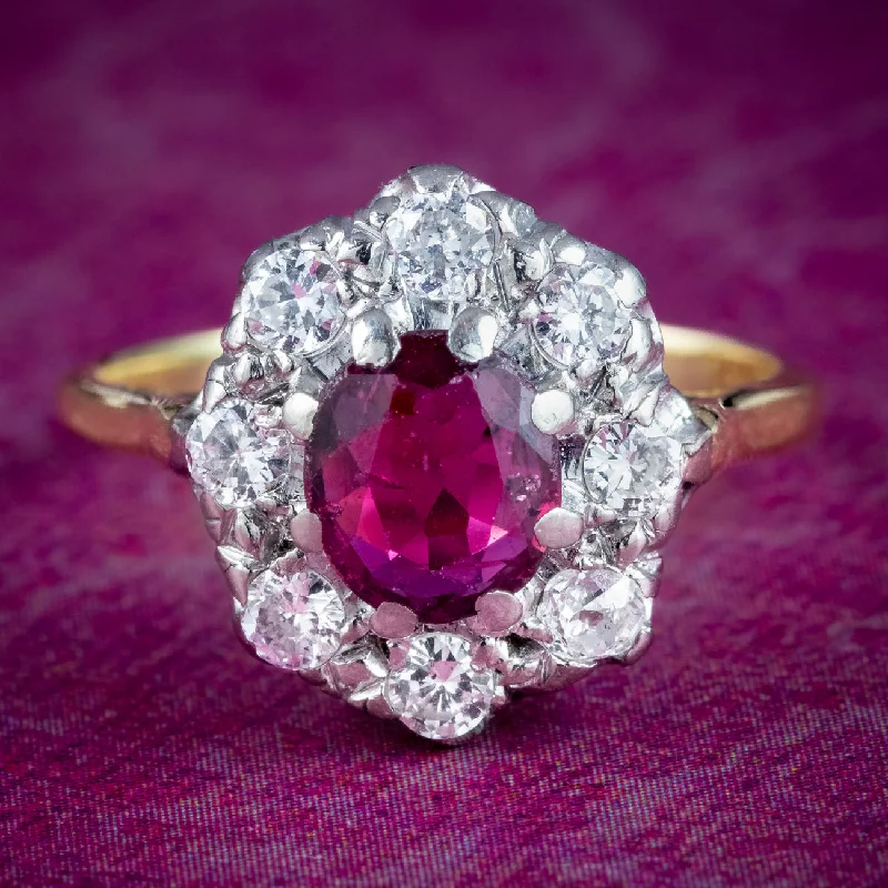 Oval gem rings-Antique Edwardian Ruby Diamond Cluster Ring 0.80ct Ruby