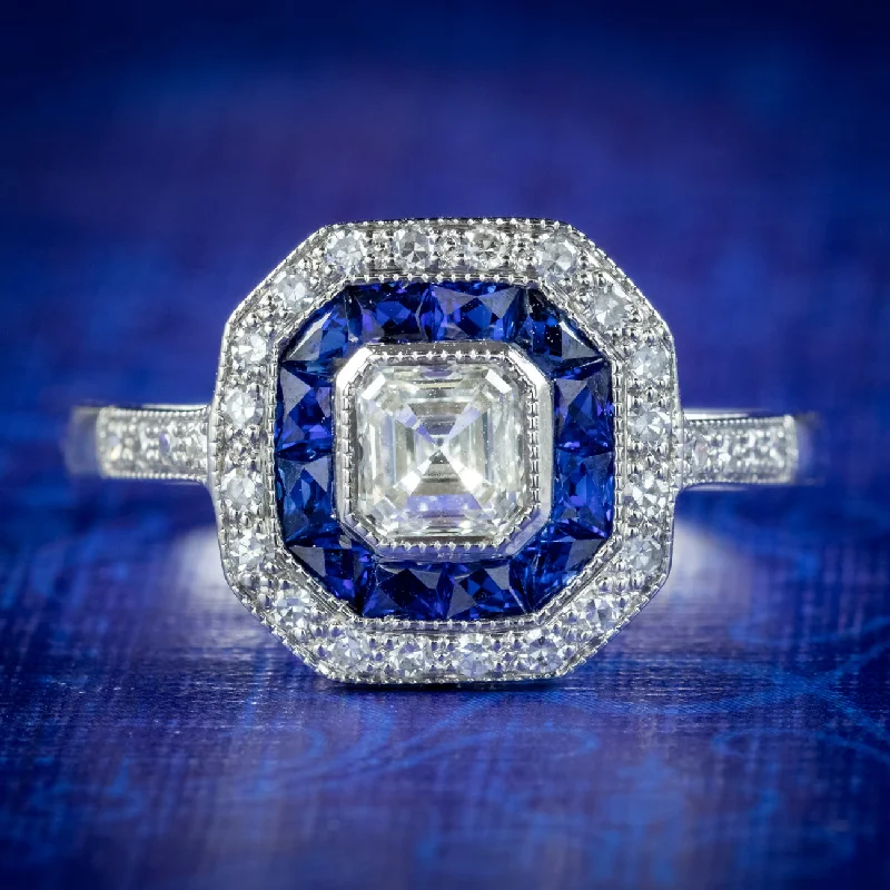 Leaf design rings-Art Deco Style Sapphire Diamond Cluster Ring 18ct Gold 0.70ct Of Diamond