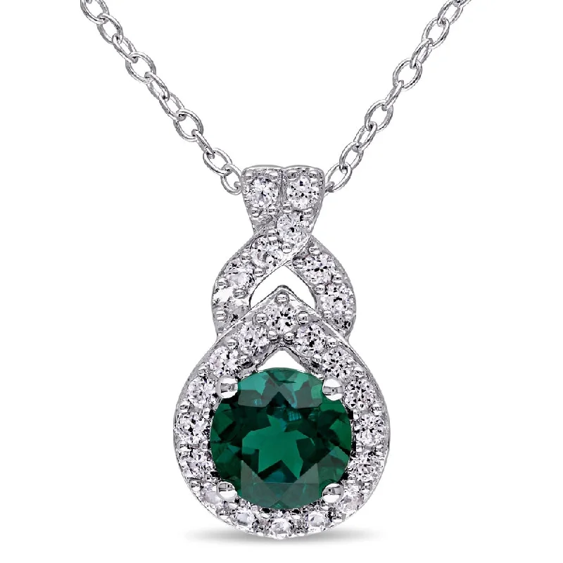 Fine bead necklaces-Miadora Sterling Silver Created Emerald and White Sapphire Drop Necklace