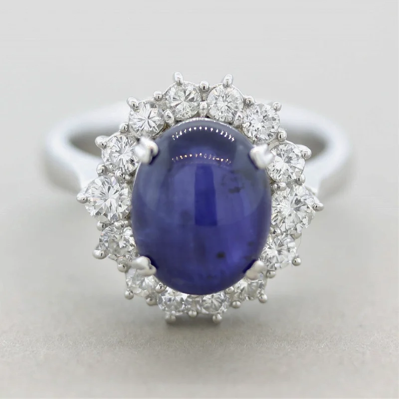 Java tile rings-Cabochon Sapphire Diamond Halo Platinum Ring