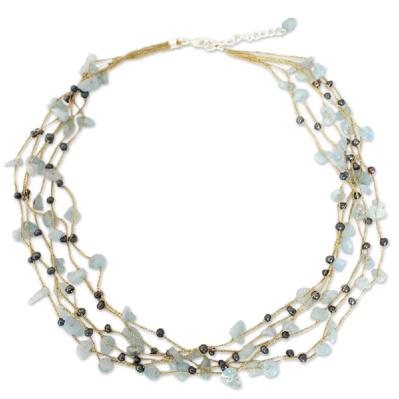 Oval stone necklaces-Handmade Silk Afternoon Sigh Aquamarine and Pearl Necklace 3 mm (Thailand)