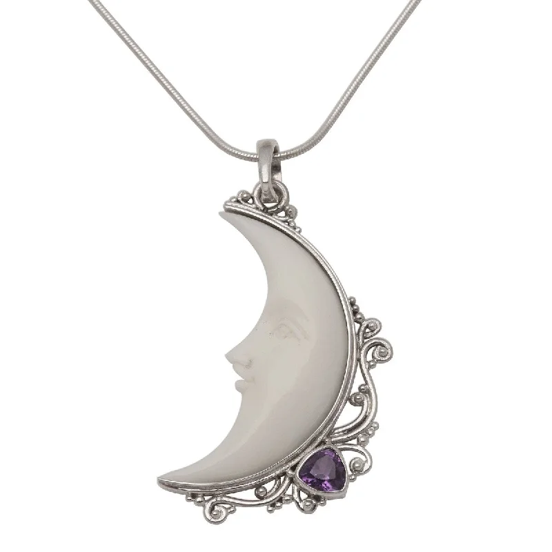 Flat knot necklaces-NOVICA Resting Moon, Amethyst and bone pendant necklace