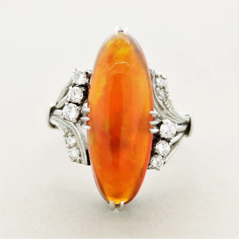 Tiered design rings-Superb Mexican Fire Opal Diamond Platinum Ring